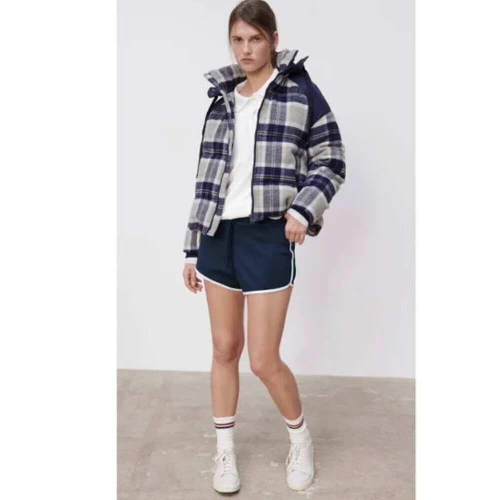 Zara Puffer Jacket Coat Full Zip Hooded Wool Blend Check Plaid Gray Blue Medium